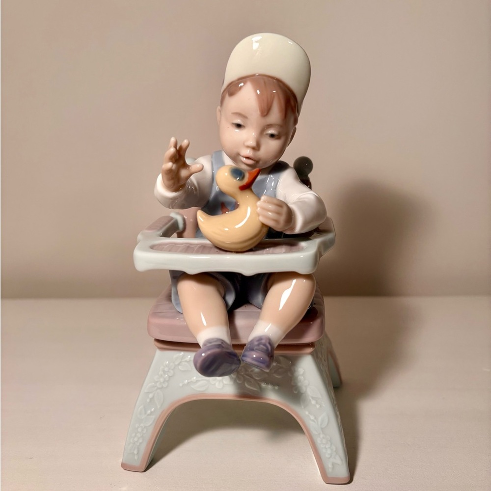 Lladro Child with Duck Sculpture - Cream, Blue, Brown